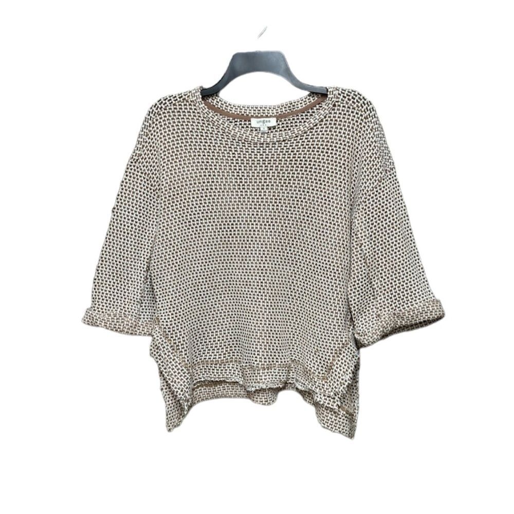 Umgee brown/white 3/4 cuffed sleeve raw edge top